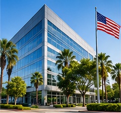 Modern glass office building with palm trees and an American flag