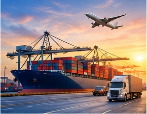 Container ship, port cranes, freight truck and aircraft at sunset