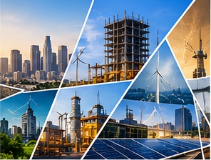 Collage of city towers, construction, wind turbines and solar panels