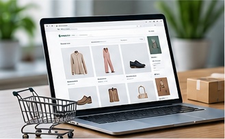 Laptop showing an online clothing store beside a small shopping cart and parcel