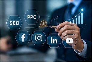 Business professional interacting with SEO, PPC and social media icons