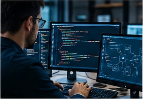 Developer working with code on several screens