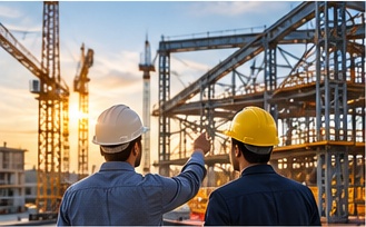 Engineers in hard hats reviewing a steel structure at sunset