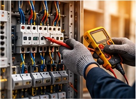 Technician testing circuit breakers in an electrical panel with a multimeter