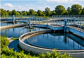 Circular water treatment basins surrounded by trees