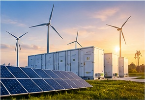 Battery storage units with solar panels and wind turbines