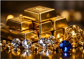 Gold bars stacked with cut diamonds and a blue sapphire