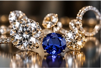 Close-up of cut diamonds, a sapphire and diamond rings