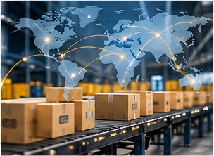 Parcels moving on a warehouse conveyor under a world map