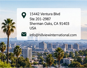 Sherman Oaks area view with palm trees and Hillview International contact details